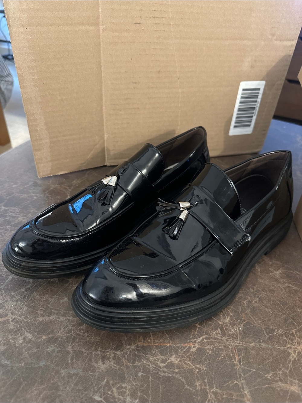 Men’s Tassels Patent Leather Penny Loafers Fashion Dress Shoes, BLK